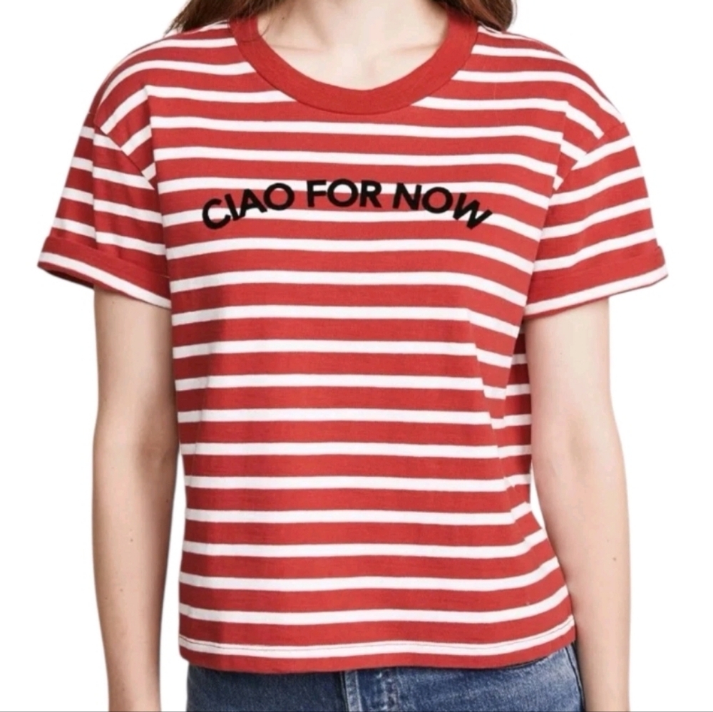 Madewell Women's Ciao For Now Red and White Striped Crop Style  T-Shirt Size L